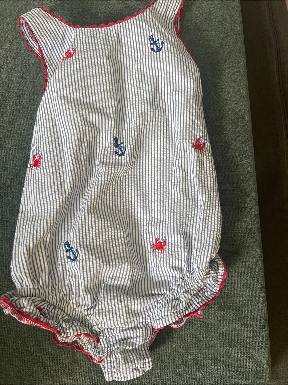 bella bliss Blue & White Striped with Red Crab and Navy Anchor Embroidery